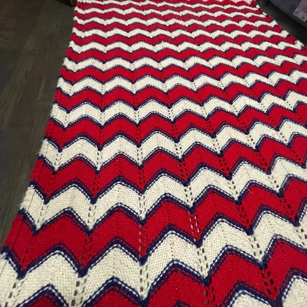 Vintage Handmade Zigzag Fringe Tassel Red White Blue Granny Afghan Throw